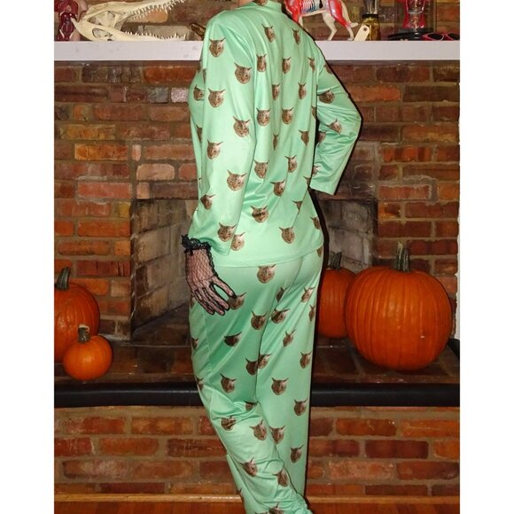Mint Green Annoyed Cat Pajama Set L pants button up top sleepwear kitty - Picture 7 of 9